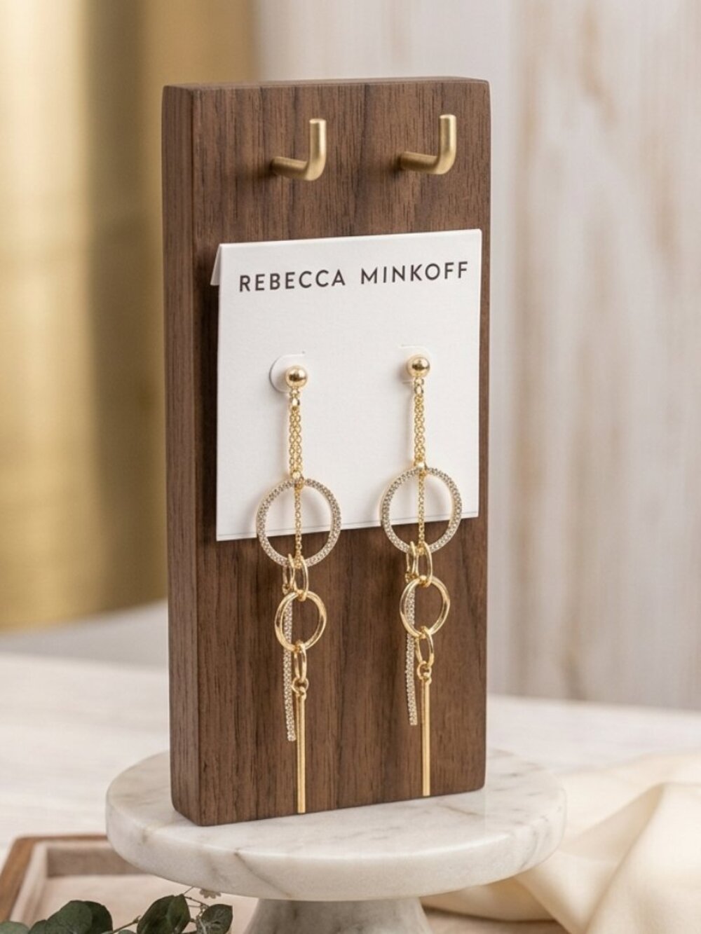 Rebecca Minkoff Gold Tone Rhinestone Crystal Circle & Bar Linear Dangle Earrings